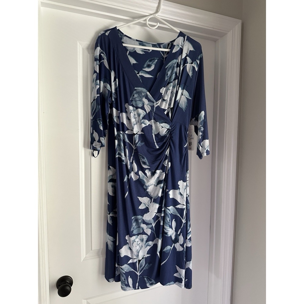 Soft Surroundings Hyannis Dress True Navy Rose Floral Faux Wrap Midi Large NEW